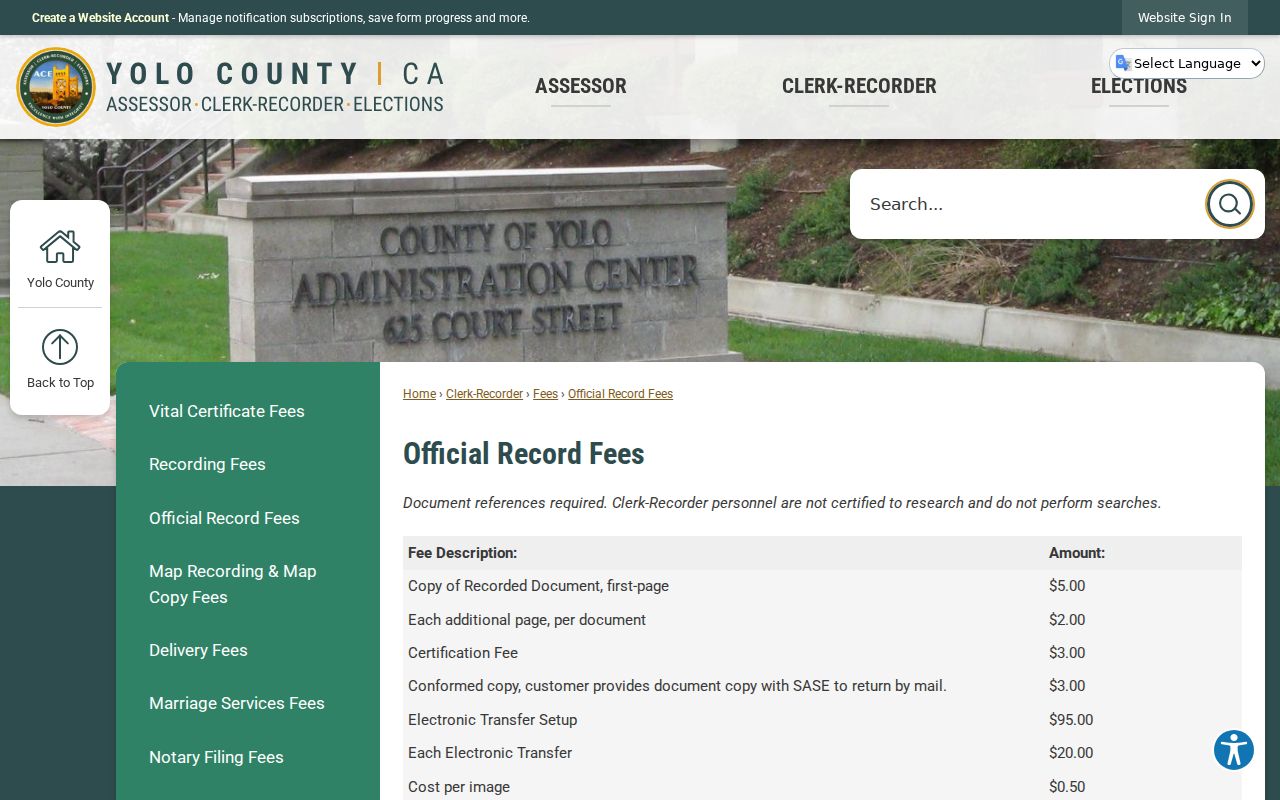 Woodland public records official copy fee schedule