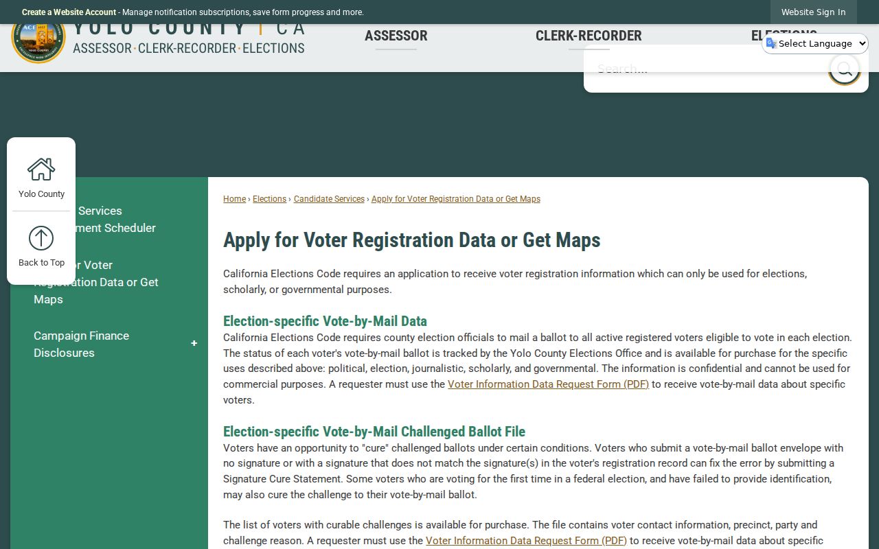 Woodland voter registration data request through Yolo County Elections